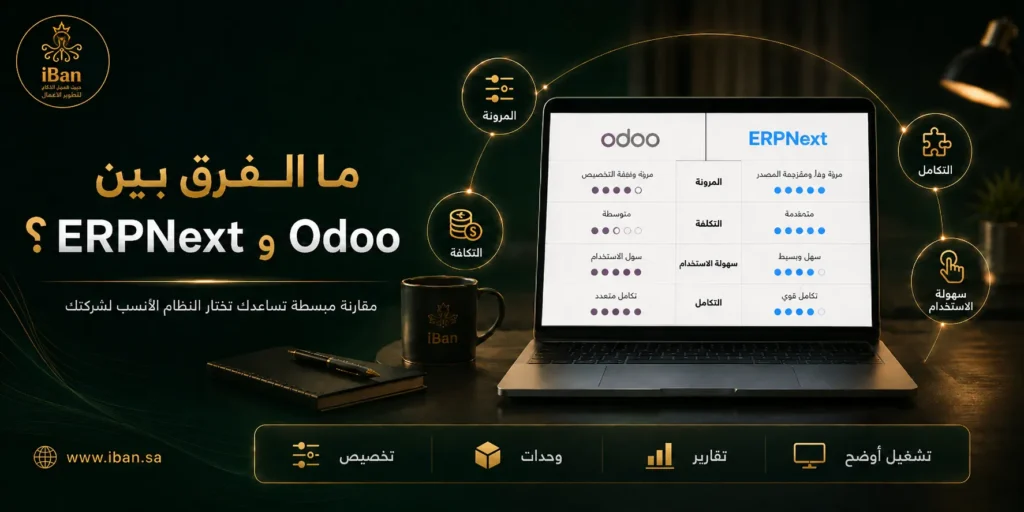 الفرق بين ERPNext و Odoo يساعد الشركات على فهم اختلاف التكلفة والتخصيص وسهولة الاستخدام وربط الأقسام، حتى يتم اختيار النظام الأقرب لطبيعة العمل واحتياج الفريق.