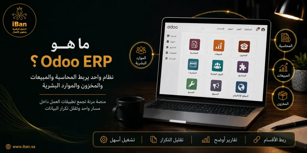 Odoo ERP يساعد الشركات على إدارة المحاسبة والمبيعات والمخزون والموارد البشرية من منصة واحدة، مما يسهل تنظيم العمليات اليومية وربط البيانات بين الأقسام.