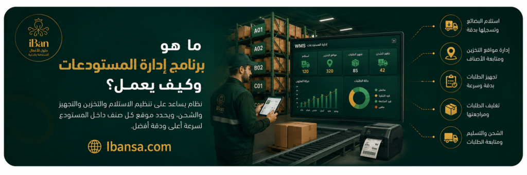 صورة توضح برنامج إدارة المستودعات WMS لتنظيم استلام البضائع وتحديد مواقع التخزين وتجهيز الطلبات والشحن داخل المستودع.