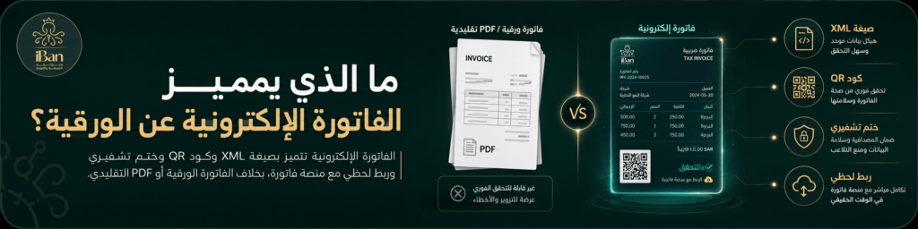 مقارنة بين الفاتورة الإلكترونية والفاتورة الورقية توضح مميزات الفاتورة الإلكترونية مثل XML وكود QR والختم التشفيري والربط مع منصة فاتورة.