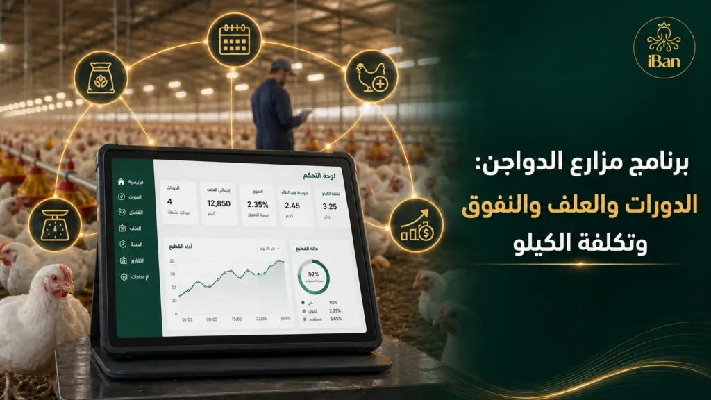برنامج مزارع الدواجن يعرض بيانات العنبر والعلف والوزن ومعدل التحويل
