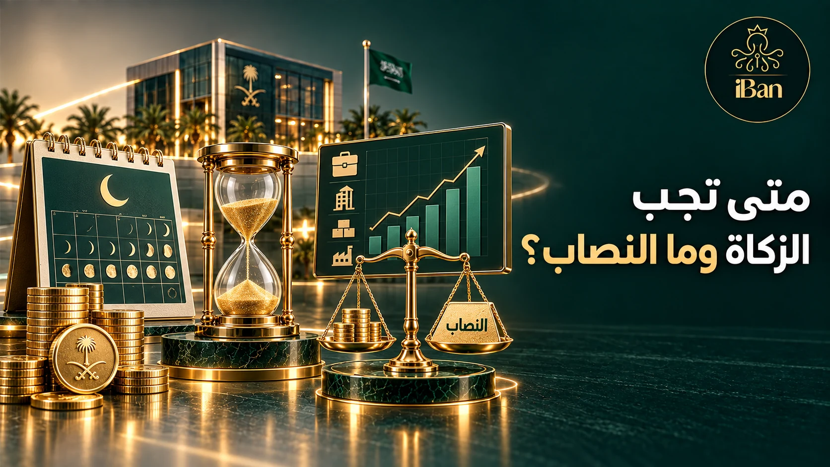 حساب زكاة المال تصميم يوضح متى تجب الزكاة وما النصاب؟